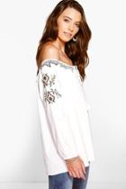 Boohoo Ella Embroidered Sleeve Smock Blouse White