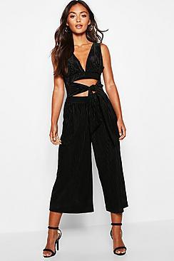 Boohoo Petite Velvet Rib Cut Out Tie Front Jumpsuit