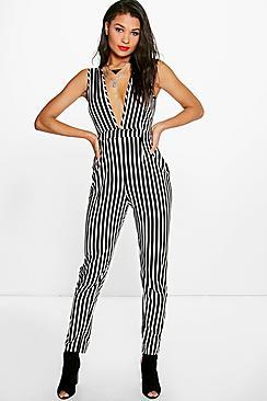 Boohoo Lois Deep Plunge Striped Jumpsuit