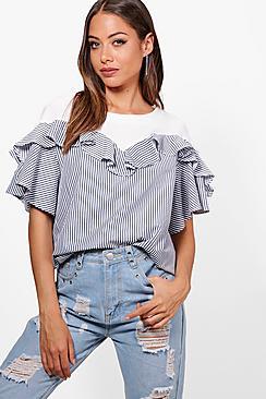 Boohoo Bethany Woven Frill Stripe Oversized Top