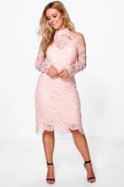 Boohoo Plus Holly Crochet Lace Open Shoulder Midi Dress Blush