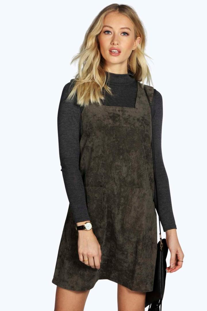 Boohoo Sara Cord Pinafore Zip Dress Khaki