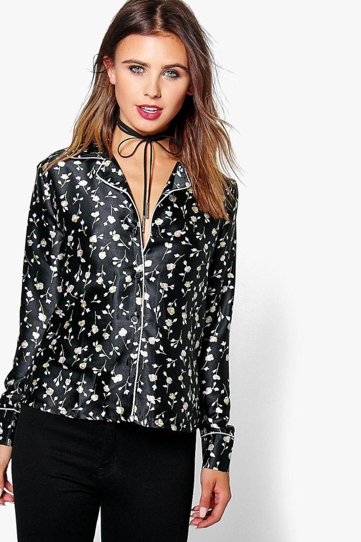 Boohoo Petite Lucy Floral Pyjama Style Shirt Black