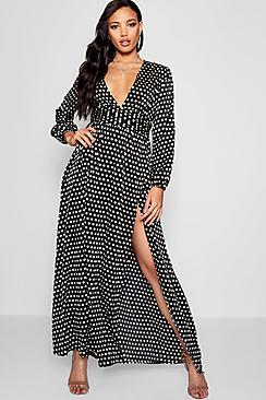 Boohoo Polka Dot Plunge Neck Maxi Dress