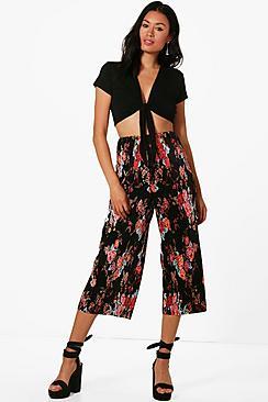 Boohoo Tamzin Oriental Print Pleated Wide Leg Culotte