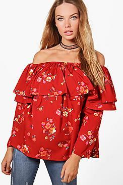 Boohoo Maria Printed Ruffle Off The Shoulder Blouse