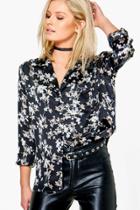 Boohoo Gemma Floral Print Satin Shirt Black