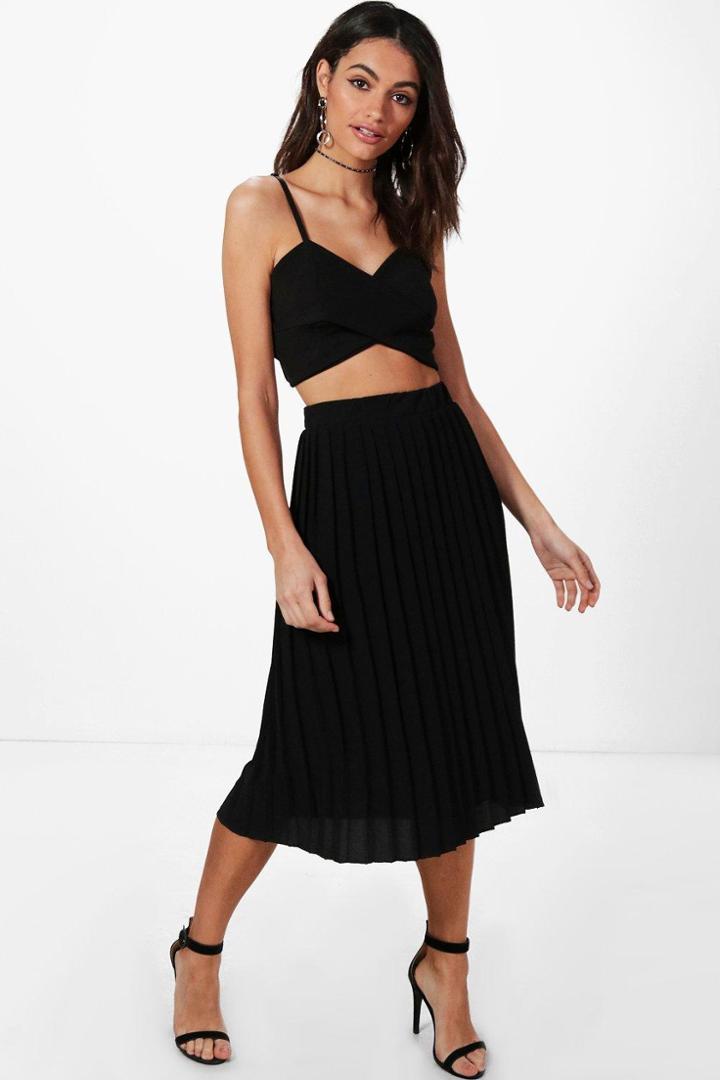 Boohoo Neave Textured Crepe Pleated Midi Skirt Black