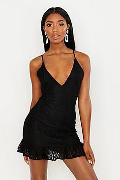 Boohoo Lace Plunge Ruffle Hem Mini Dress
