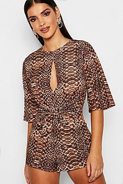 Boohoo Crocodile Print Twist Front Playsuit