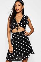 Boohoo Polka Dot Ruffle Cut Out Dress