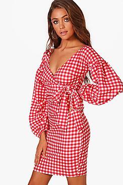 Boohoo Gigi Gingham Ruffle Sleeve Bodycon Dress