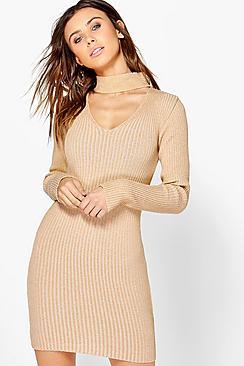 Boohoo Petite Alisha Choker Rib Knit Jumper Dress