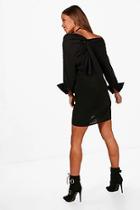 Boohoo Petite Off The Shoulder Knot Back Shirt Dress