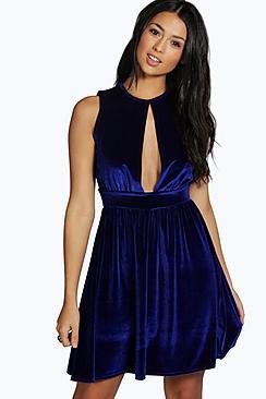 Boohoo Sarah Velvet Cut Out Detail Skater Dress