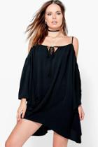 Boohoo Willow Oriental Bell Sleeve Cold Shoulder Dress Black