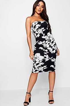 Boohoo Floral Print Bandeau Midi Dress
