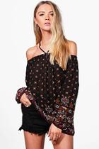 Boohoo Piper Paisley Strappy Off The Shoulder Woven Top