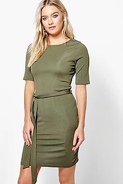 Boohoo Elvira Ribbed Tie Waist Midi Dress