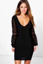 Boohoo Trixy Mesh And Lace Sleeve Bodycon Dress Black