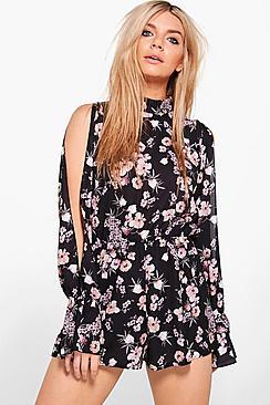 Boohoo Sofia High Neck Split Sleeve Floral Playsuit