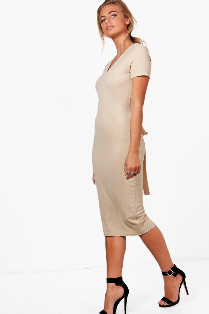 Boohoo Sarah V-neck Tie Waist Fitted Dress Stone