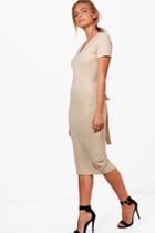 Boohoo Sarah V-neck Tie Waist Fitted Dress Stone