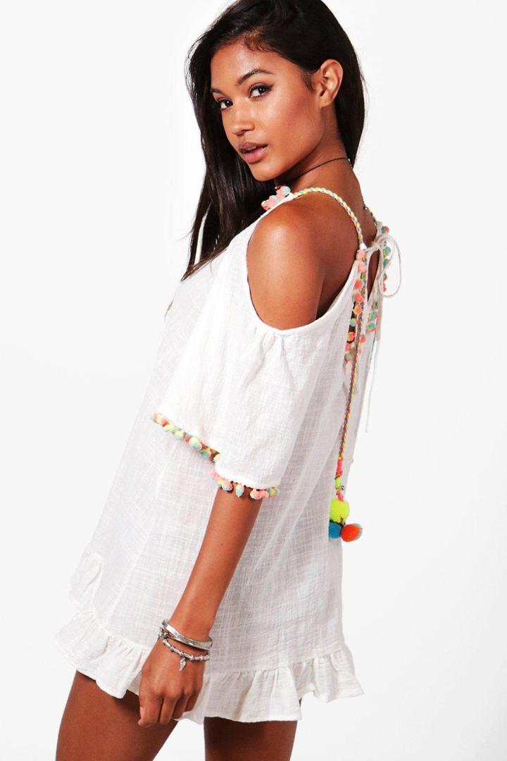 Boohoo Ellie Pom Pom Frill Hem Beach Dress White
