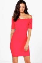 Boohoo Tall Adria Scallop Off The Shoulder Textured Dress Red