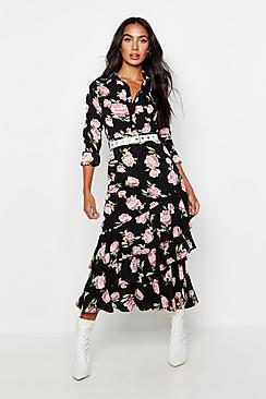 Boohoo Floral Ruffle Hem Shirt Dress
