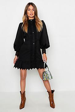 Boohoo Lace Panel High Neck Ruffle Hem Mini Dress