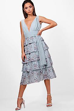 Boohoo Nancy Ditsy Belted Ruffle Midi Dress