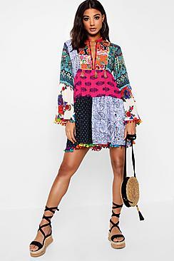 Boohoo Polly Patchwork Print Tassel Detail Smock Dress