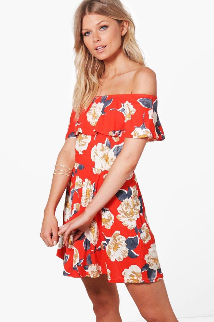 Boohoo Petite Ellie Floral Off The Shoulder Skater Dress Multi