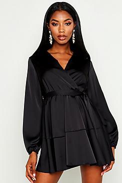 Boohoo Balloon Sleeve Belted Skater Dress