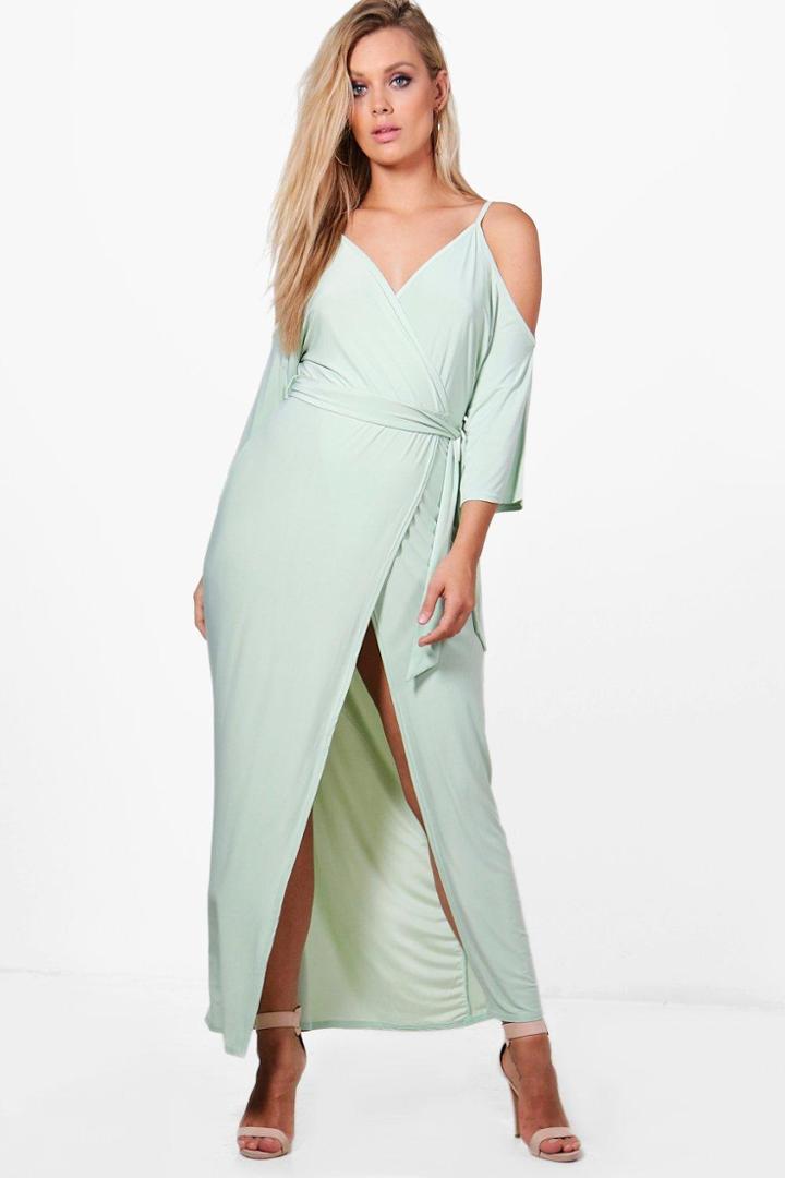 Boohoo Plus Stella Open Shoulder Slinky Maxi Dress Sage