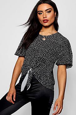 Boohoo Mini Spot Knot Woven Tie Front Blouse