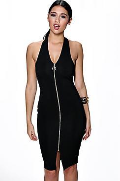 Boohoo Emma Halter Neck Zip Front Bodycon Dress
