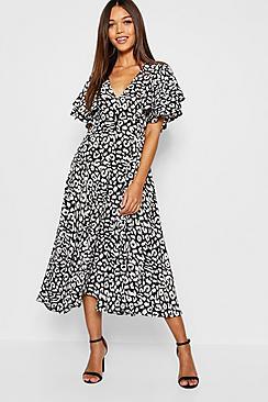 Boohoo Leopard Print Ruffle Angel Sleeve Midi Dress