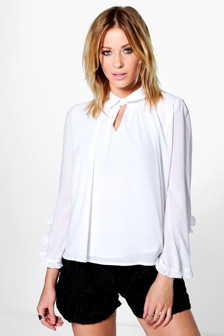 Boohoo Becca Ruffle Sleeve Collared Blouse White