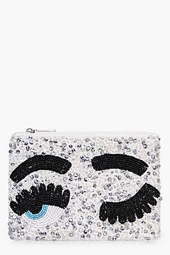Boohoo Bethany Sequin Eyes Zip Top Purse