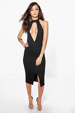 Boohoo Tall Millie High Neck Plunge Front Midi Dress