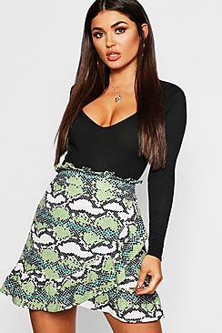Boohoo Snake Print Ruffle Wrap Mini Skirt