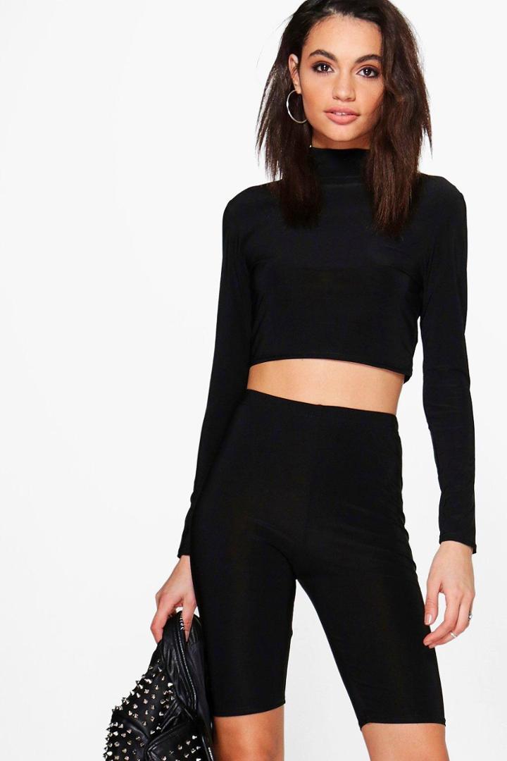 Boohoo Heather Slinky Crop & Shorts Co-ord Set Black