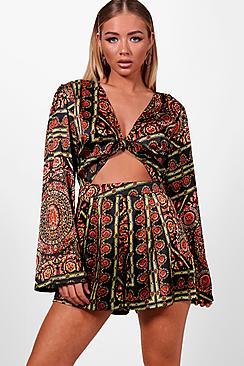 Boohoo Rach Scarf Print Twist Front Playsuit