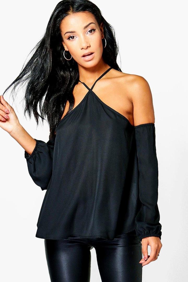 Boohoo April Woven Tie Neck Cold Shoulder Top Black