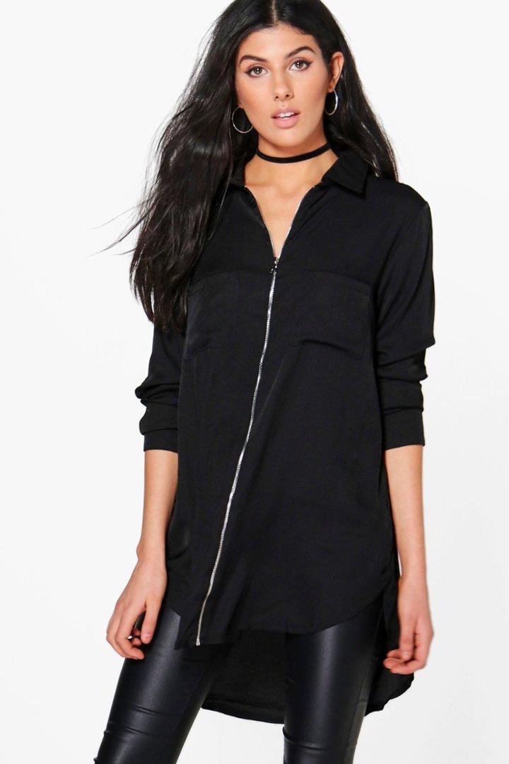 Boohoo Anne Longline Zip Front Shirt Black