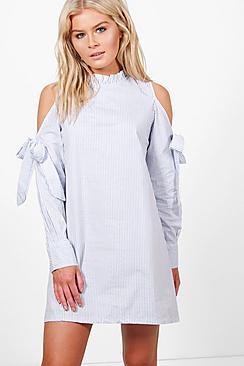 Boohoo Sarah Cold Shoulder Pinstripe Shift Dress
