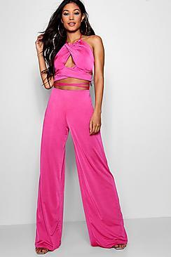 Boohoo Katie Slinky Halter Wide Leg Jumpsuit