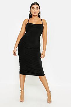Boohoo Plus Strappy Double Layer Slinky Ruched Midi Dress